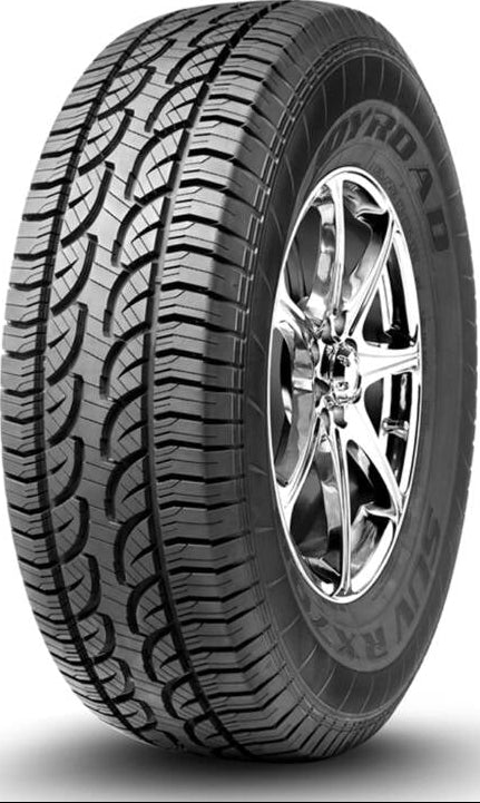 Car tire with visible tread pattern and rim on a white background